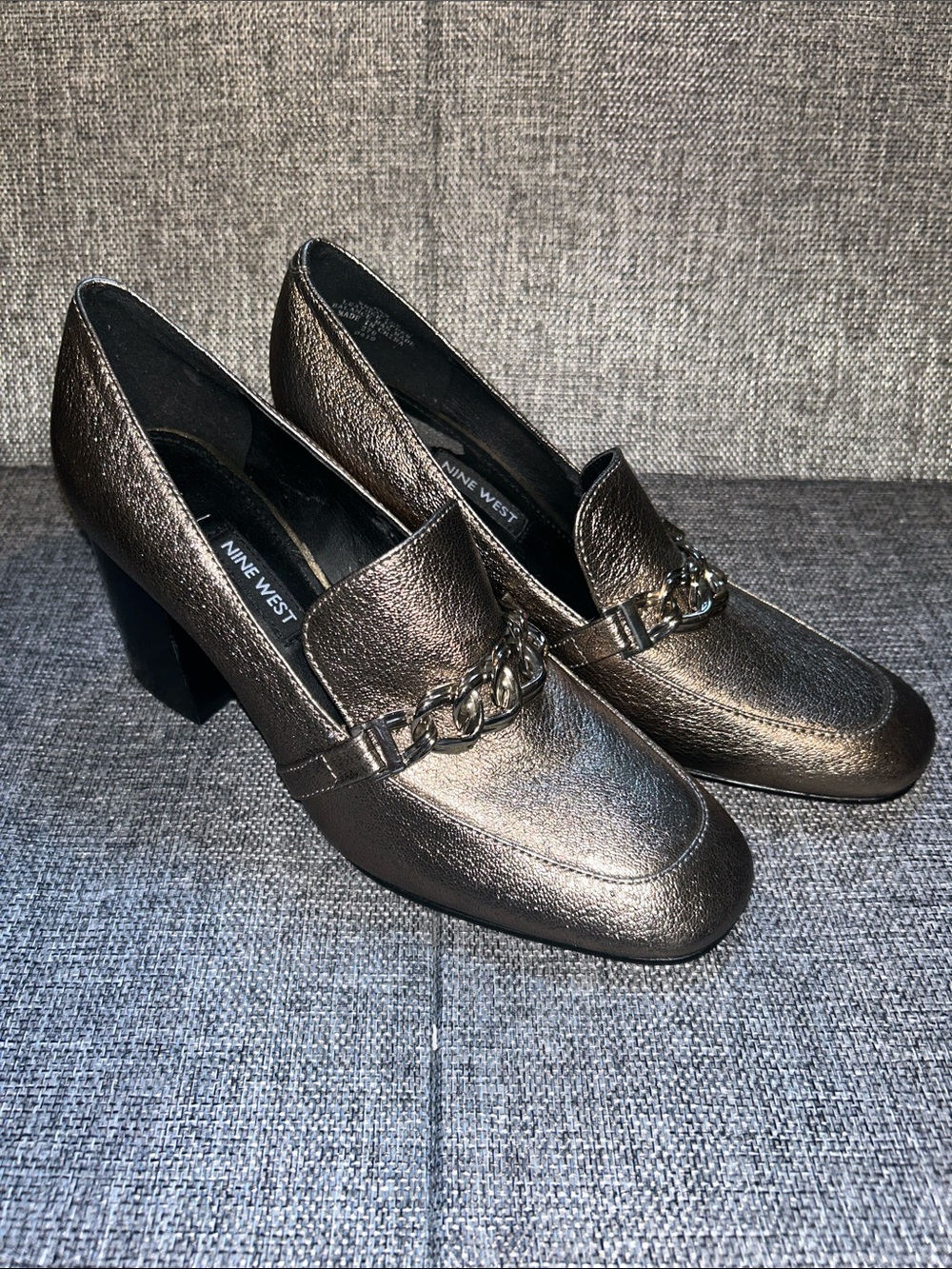Nine West Metallic Bronze Block Heel Loafers with Chain Detail